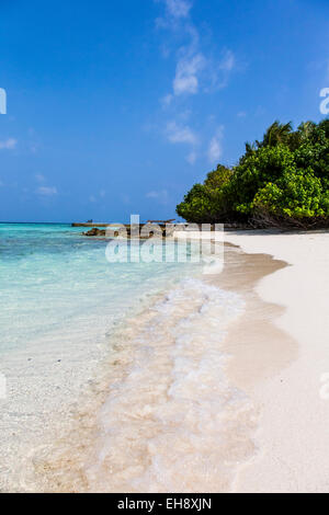 Ein Blick auf den Strand auf Makunudu Island auf den Malediven mit Sonnenliegen auf einem Steg in der Ferne Stockfoto