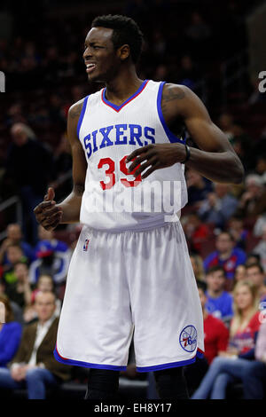 6. März 2015: Philadelphia 76ers Jerami Grant (39) nach vorne reagiert während der NBA-Spiel zwischen den Utah Jazz und die Philadelphia 76ers im Wells Fargo Center in Philadelphia, Pennsylvania. Die Utah Jazz gewann 89-83. Stockfoto