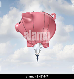 Finanzielle Freiheit-Konzept als ein Sparschwein Heißluftballon heben einen Geschäftsmann bis zu Erfolg als Wealth Management und Investment Beratung Metapher. Stockfoto