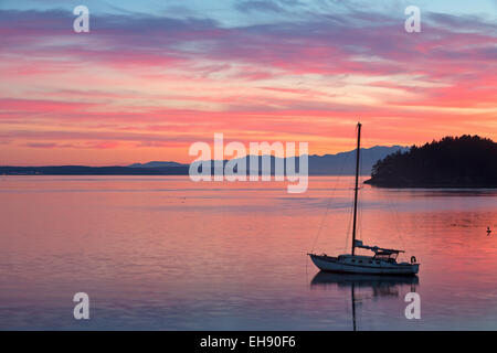 Ein Segelboot ist sicher im Hafen von Bowman Bay auf Whidbey Island bei Sonnenuntergang. Stockfoto