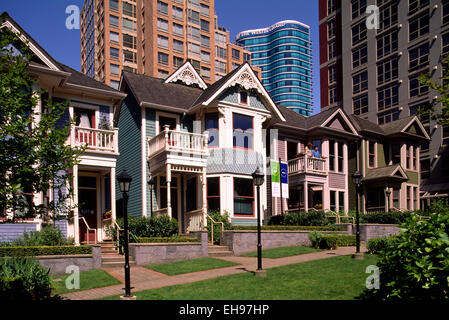 Yaletown, Vancouver, BC Britisch-Kolumbien, Kanada - Erbe Häuser & High Rise Eigentumswohnung Mehrfamilienhäuser, Downtown in Stadt Stockfoto