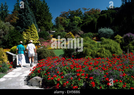 Senior paar zu Fuß durch Blumenbeete im Queen Elizabeth Park, Vancouver, BC, Britisch-Kolumbien, Kanada - Sommer Stockfoto