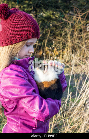 Ein Mädchen hält ein Meerschweinchen auf dem arm Stockfoto