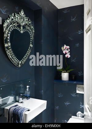 Bad mit herzförmigen Spiegel über dem Waschbecken, Wohnhaus, Thurleigh Road, Clapham, London, UK Stockfoto