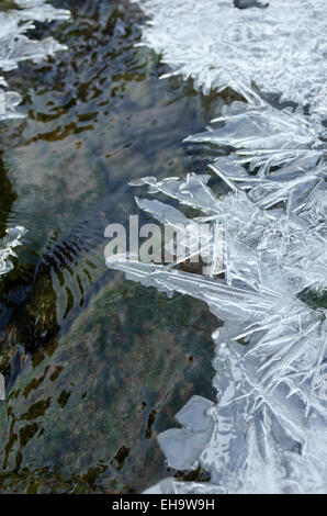 Eis bilden über einem Gezeiten-Strom sendet lange Kristalle über das Wasser. Stockfoto