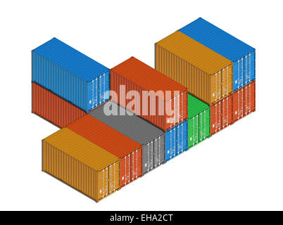 Bunte Metall Fracht Container isoliert auf weiss hintereinander gestapelt. 3D Illustration, isometrische Projektion Stockfoto