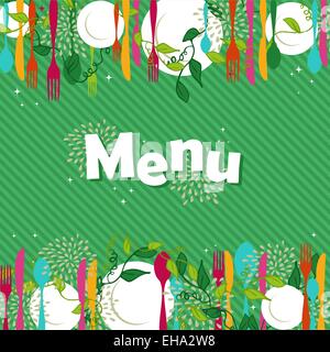 Frische Lebensmittel Restaurant Design-Darstellung mit bunten Küche, Besteck und Teller-Elemente-Design. Ideen für die Speisekarte des Restaurants. Stock Vektor
