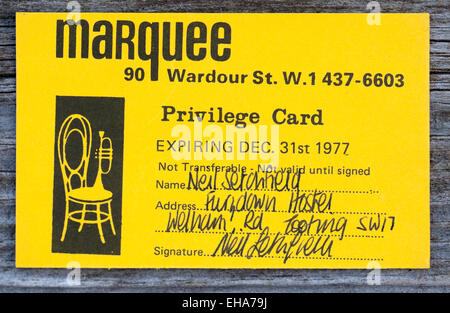 Privileg-Mitgliedskarte im Marquee Club in der Wardour Street London 1977 Stockfoto