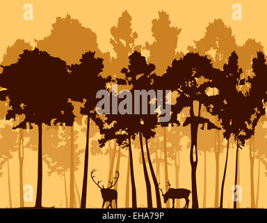 Illustration, Kiefernholz und zwei Rehe. Stockfoto