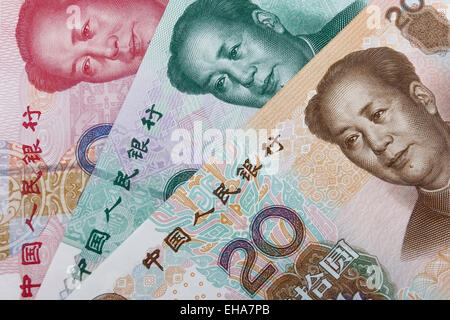 Chinesisches Geld (RMB). 20, 50 und 100 RMB-Note. Stockfoto