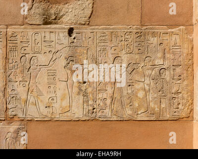 Reliefs in der Roten Kapelle der Königin Hatshepsut im Freilichtmuseum in Karnak Luxor Ägypten Stockfoto