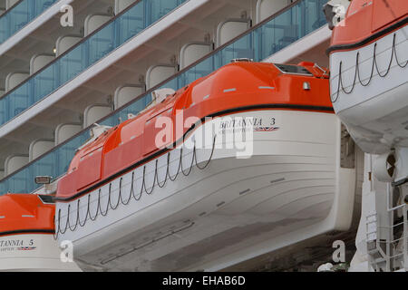 Rettungsboote an Bord der Britannia in Southampton Stockfoto