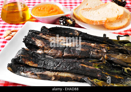 Nahaufnahme einer Platte mit gegrilltem Calcots, süße Zwiebeln und eine Schüssel mit Romesco-Sauce, typisch für Katalonien, Spanien Stockfoto