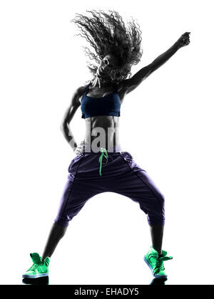 eine Afrikanerin Frau Zumba Tänzer tanzen Übungen im Studio Silhouette isoliert auf weißem Hintergrund Stockfoto