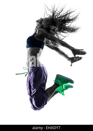 eine Afrikanerin Frau Zumba Tänzer tanzen Übungen im Studio Silhouette isoliert auf weißem Hintergrund Stockfoto