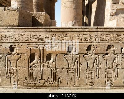 Reliefs im äußeren Gang des Tempels von Haroeris und Sobek in Kom Ombo im Niltal, Oberägypten Stockfoto