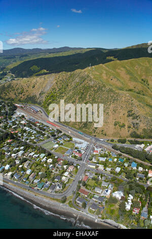 Paekakariki, Kapiti Küste, nördlich von Wellington, Nordinsel, Neuseeland - Antenne Stockfoto