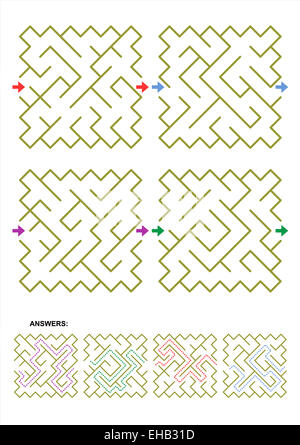 Vier verschiedene (diagonal geformte) Labyrinth Vorlagen für Ihre Entwürfe und Projekte. Antworten enthalten. Stockfoto