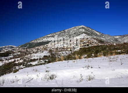 Rapsani-Dorf an den Hängen des Olymp, Larissa, Thessalien, Griechenland (berühmt für seine Weine). Stockfoto