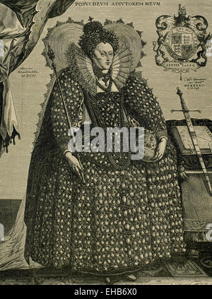 Elisabeth i. von England (1533-1603). Königin von England und Irland. Die jungfräuliche Königin. Porträt. Gravur. des 19. Jahrhunderts. Stockfoto