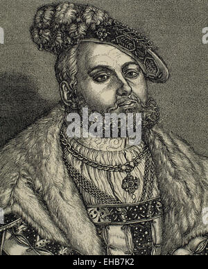 John Frederick rief ich (1503-1554), John der großmütige, Kurfürst von Sachsen und Leiter des Bundes der deutschen Protestanten. Gravur. Porträt. Stockfoto