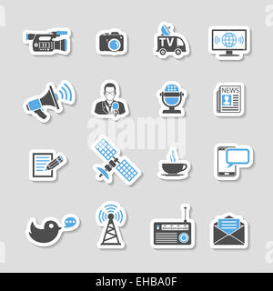 Medien und News Icons Aufkleberset mit Journalismus, Fernsehen, Zeitung und SMS in zwei Farben. Abbildung. Stockfoto