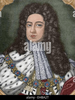 George II (1683-1760). König von Großbritannien und Irland. Kurfürsten des Heiligen Römischen Reiches. Porträt. Gravur. Farbige. Stockfoto