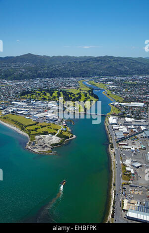 Hutt River, Petone, und Blick aufs Meer, Wellington, Nordinsel, Neuseeland - Antenne Stockfoto