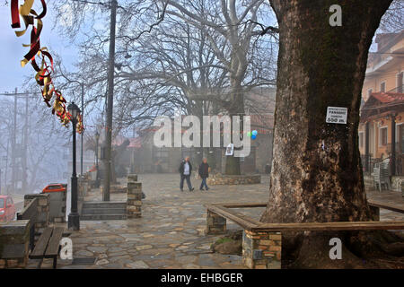 Im Quadrat der Rapsani Village (berühmt für seine Weine) an den Hängen des Olymp, Larissa, Thessalien, Griechenland. Stockfoto