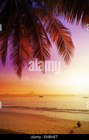 Urlaub Hintergrund gemacht von Palm Bäume Silhouetten bei Sonnenuntergang. Stockfoto