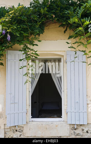 Lila Fensterläden auf ein französisches Landhaus-Bauernhof Stockfoto