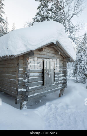Eine traditionelle Sami aus Holz laden Schuppen im Schnee im Winter aus dem Boden auf Stelzen in Lappland Finnland angehoben Stockfoto