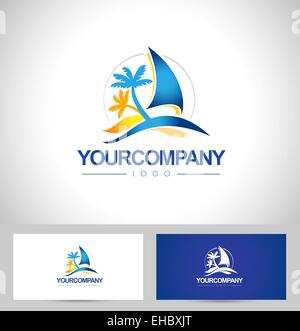 Boot-Logo. Yacht-Logo-Design. Segeln-Logo-Design mit Meereswellen und Palmen. Stockfoto