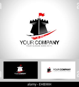 Schloss-Turm-Logo-Design. Kreatives Konzept eines Symbols, Turm mit einer Flagge auf der Spitze. Stockfoto