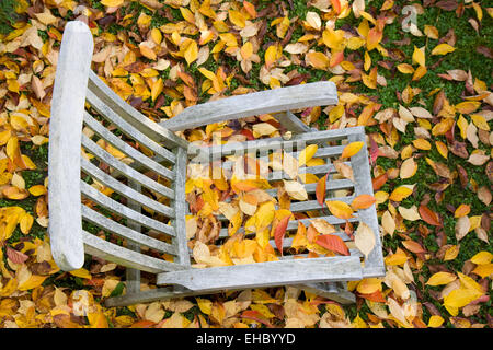 hölzernen Liegestuhl Mit Blätter Im Herbst Stockfoto