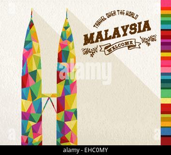 Reisen Malaysia Wahrzeichen. Bunte polygonalen Denkmal mit Vintage Label und strukturiertem Papierhintergrund. Ideal für website Stock Vektor
