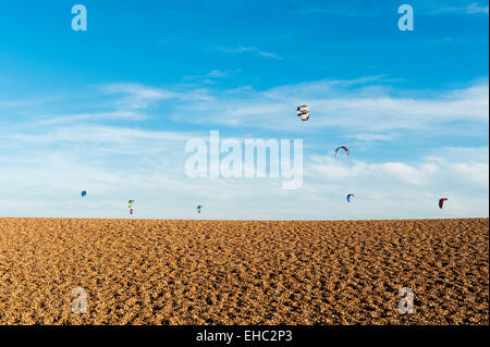 Shingle Street, Suffolk, Großbritannien. Kitesurfen an diesem abgelegenen, einsamen und windigen Strand an der britischen Ostküste, nahe Aldeburgh und Orford Ness Stockfoto