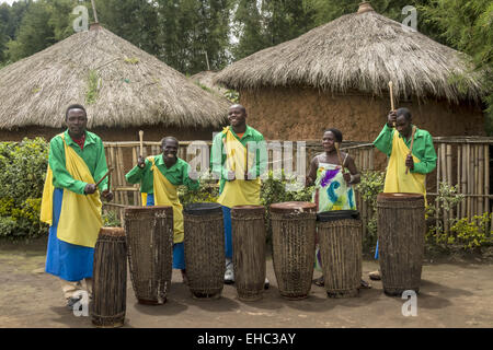 MUSANZE, Ruanda - 5. November 2013: Tribal-TänzerInnen des Stammes Batwa führen traditionellen Intore Tanz Stockfoto