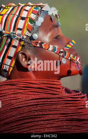 Ein Samburu Mädchen mit massiven roten Ocker Ketten und Kopfschmuck tanzen bei einer Hochzeitszeremonie, Bogenschütze's Post, Kenia Stockfoto