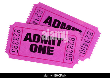 Zwei lila oder pink Kinokarten isoliert auf einem weißen Hintergrund. Stockfoto