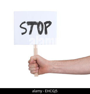 Hand mit Schild, isoliert auf weiss - Stop Stockfoto