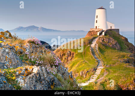 Tŵr Mawr Leuchtturm unterstützt durch die Halbinsel Lleyn, llanddwyn Island, Anglesey, North Wales, UK Stockfoto