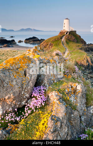 Tŵr Mawr Leuchtturm unterstützt durch die Halbinsel Lleyn, llanddwyn Island, Anglesey, North Wales, UK Stockfoto