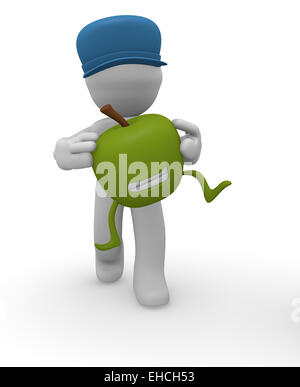 3D Mann hält einen Lächeln auf den Lippen Apfel auf weißem Hintergrund Stockfoto