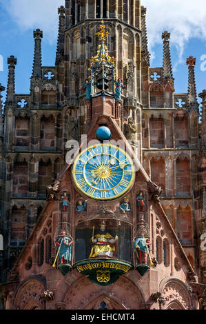 Uhr mit Kaiser Karl IV. in der mechanischen Uhr Männleinlaufen, Westfassade, gotische Pfarrkirche Kirche unserer lieben Frau, Nürnberg Stockfoto