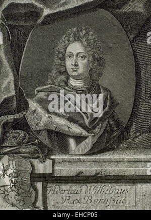 Frederick William I von Prussia(1688-1740). Bekannt als der Soldatenkönig. König in Preußen und Kurfürst von Brandenburg. Kupferstich von M. Bernigeroth. des 19. Jahrhunderts. Stockfoto