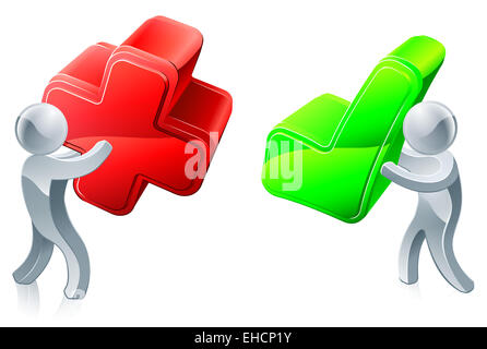 Meinungsumfrage-Konzept von Menschen halten, rotes Kreuz und grünes Häkchen Stockfoto