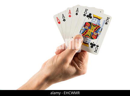Männliche Hand, die Karten in vier einer Art Poker-Kombination mit Asse und ein König auf weißem Hintergrund Stockfoto