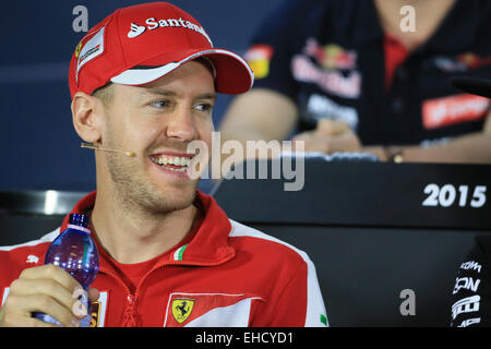 Melbourne, Australien. 12. März 2015. Austalian Grand Prix. Medientag. Scuderia Ferrari-Pilot Sebastian Vettel während der Pressekonferenz Donnerstag Credit: Action Plus Sport/Alamy Live News Stockfoto