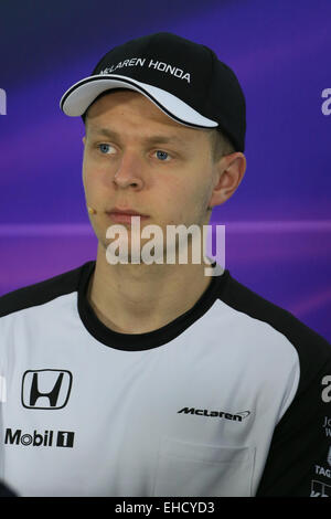 Melbourne, Australien. 12. März 2015. Austalian Grand Prix. Medientag. McLaren-Honda-Fahrer Kevin Magnussen im Gespräch mit den Medien Credit: Action Plus Sport/Alamy Live News Stockfoto